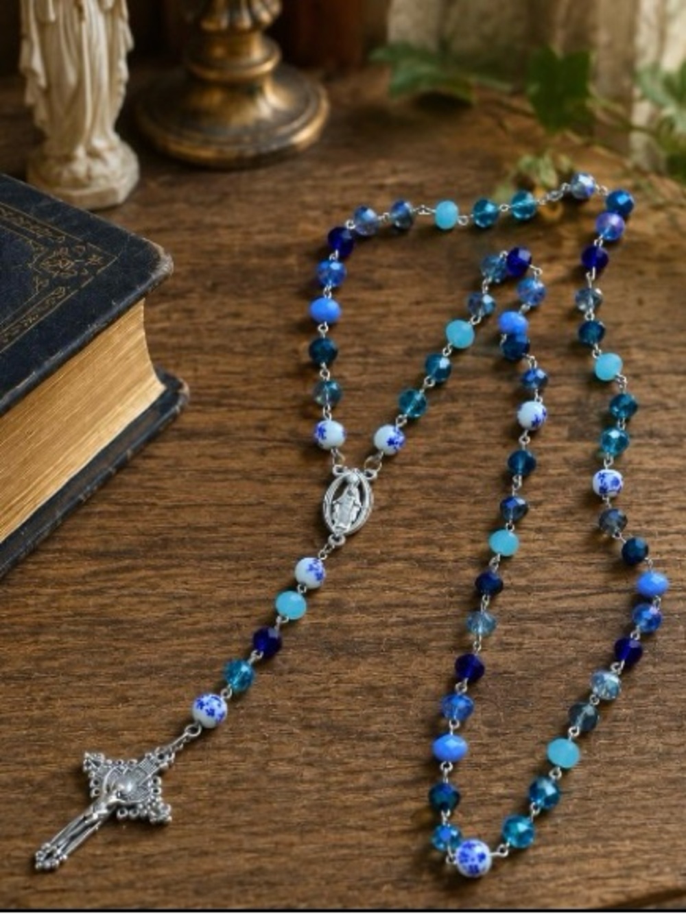 Blue Beaded Rosary Necklace - Women Jewelry